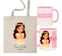 ELISA BOTELLA Pack Primera Comunión Personalizado, Taza de Cerámica 350ml y Bolsa de Poliéster, Diseño de Niña con Corona de Flores (Pack MORENA)