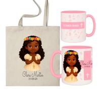 ELISA BOTELLA Pack Primera Comunión Personalizado, Taza de Cerámica 350ml y Bolsa de Poliéster, Diseño de Niña con Corona de Flores (Pack MORENA)