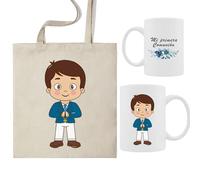 ELISA BOTELLA Pack taza comunion + bolsa de tela, kit regalo comunion bolsa de tela con taza mi primera comunion (Pack Comunión Niño)