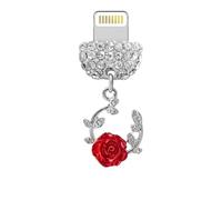 ELISE & FONDA CP676 - Puerto de carga USB de cristal anti polvo, guirnalda pequeña con dije de rosa para iPhone 14/13/12/11/XS MAX/XR/X/8 Plus/7/6S/8/SE, iPad iPod (rojo)