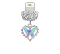 ELISE & FONDA CP677 - Puerto de carga USB de cristal antipolvo con dije de mariposa para iPhone 14/13/12/11/XS MAX/XR/X/8 Plus/7/6S/8/SE, iPad iPod (arcoíris)