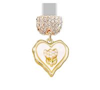 ELISE & FONDA TP1004 - Puerto de carga tipo C de cristal antipolvo con dije de corazón con rosa para iPhone 15/16/Samsung/OnePlus/Xiaomi/oppo teléfonos Android (blanco)