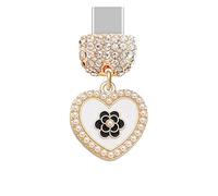 ELISE & FONDA TP1008 - Puerto de carga tipo C de cristal antipolvo con dije de corazón con rosa para iPhone 15/16/Samsung/OnePlus/Xiaomi/oppo teléfonos Android (blanco)