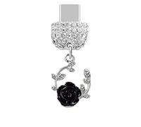 ELISE & FONDA TP1039 - Puerto de carga tipo C de cristal anti polvo, pequeña guirnalda con dije de rosa para iPhone 15/16/Samsung/OnePlus/Xiaomi/oppo teléfonos Android (negro)