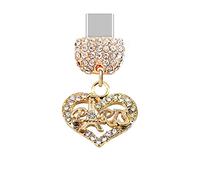 ELISE & FONDA TP163 Tipo-C Puerto de carga USB de cristal antipolvo Plug París Love Heart Colgante de teléfono celular Charm para Samsung Galaxy/Huawei/OnePlus/Xiaomi/Oppo Android Teléfonos (dorado)