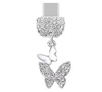 ELISE & FONDA TP226 Tipo-C USB Puerto de carga Crystal Anti Polvo Plug Little Double Butterflies Pendant Cell Phone Charm para Samsung Galaxy/Huawei/OnePlus/Xiaomi/oppo teléfonos Android (plateado y