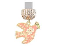 ELISE & FONDA TP950 Tipo-C Puerto de carga de cristal anti polvo Little Peace Dove con flor y rama de olivo para iPhone 15/16/Samsung/OnePlus/Xiaomi/oppo teléfonos Android (rosa)