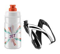 Elite Kit CEO Portabidón + Bidón Jet 350ml - Conjunto Completo Portabidon Botella - Ligero Biodegradable - Bicicleta Carretera MTB Gravel (Negro Brillante + Bidón Transparente Logo Naranja)