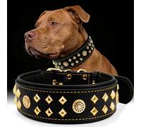 EliteGuard Collar de Perro de Cuero de 5,6 cm de ancho, hecho a mano con remaches y hebilla de acero inoxidable, para uso diario en perros grandes, color negro y dorado, 36,5-47,5 cm