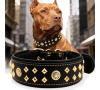 EliteGuard Collar de Perro de Cuero de 5,6 cm de ancho, hecho a mano con remaches y hebilla de acero inoxidable, para uso diario en perros grandes, color negro y dorado, 54,5-65 cm