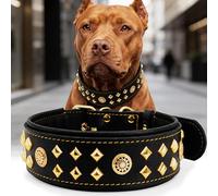 EliteGuard Collar para Perros de Piel de 5,6 cm de ancho, hecho a mano con remaches y hebilla de acero inoxidable, para uso diario en perros grandes, color negro y dorado, 45,5-56 cm