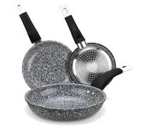 EliteHoff E-7551 - Juego de 3 sartenes de inducción (20/24/28 cm, aluminio fundido con revestimiento antiadherente y mango de silicona, para todo tipo de fuegos), color negro