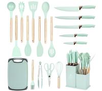 EliteHoff Juego de cuchillos de cocina de 19 piezas - Utensilios de silicona con mangos de madera, 5 cuchillos, 12 accesorios de cocina, tabla de cortar y soporte, sin PFOA, apto para lavavajillas (E