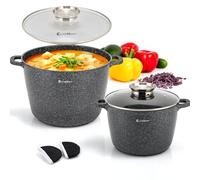 EliteHoff Olla de cocina antiadherente con tapa - Juego de 2 ollas de sopa de aluminio de 24/28 cm (6,5 L + 10,2 L) ollas de mármol grandes para inducción y todo tipo de cocinas (negro)