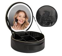 Elitzia Bolsa de maquillaje de viaje con espejo LED, pequeña bolsa de cosméticos redonda, negra, recargable y portátil, batería de 2000 mAh, 3 escenarios de color, divisores de brillo ajustables