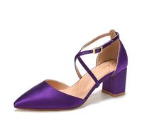 Elivandon J1586 Mujer Satén Punta Puntiaguda Tacón Medio 6cm Sandalias Noche Tacón Ancho Nupcial Boda Zapatos Tira Larga Color Violeta,Tamaño 39 EU