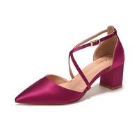 Elivandon J1586 Mujer Satén Punta Puntiaguda Tacón Medio 6cm Sandalias Noche Tacón Ancho Nupcial Boda Zapatos Tira Larga Color Rojo Violeta,Tamaño 37 EU