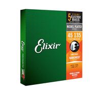 Elixir Cuerdas para bajo de 5 cuerdas Strings de acero niquelado con recubrimiento NANOWEB, escala larga, calibre ligero/mediano (.045-.135)