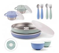 Elk and Friends Paquete de comida de acero inoxidable para niños | Platos, cuencos, tazas de aperitivos + utensilios para niños pequeños | Mangas de succión de silicona + tapas de almacenamiento de