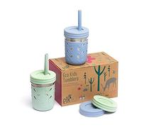 Elk and Friends Tazas de acero inoxidable | Tarro de albañil de 10 onzas | Copas para niños y niños pequeños con mangas de silicona y pajitas de silicona con tapón | Copas para sorbos