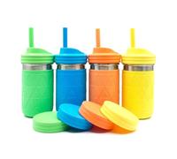Elk and Friends Vasos De Acero Inoxidable De 14 Oz, Diseño De Tarro Mason, Vasos Para Niños Y Bebés Con Fundas De Silicona Y Pajitas Con Tapón, Verde, Azul, Naranja Y Amarillo, 4 Tazas