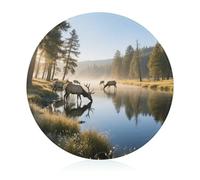 Elk Drinking Water by The River - Tabla de cortar resistente a los arañazos, tabla de cortar portátil, tabla de cortar redonda de vidrio para cocina, picnic al aire libre, 7.9 pulgadas
