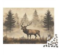 Elk in Forest-Nature Wildlife Scene Puzzle for Adults 14-99 Years Stag in Misty Pine Forest Educational Game for Home Decor & Gifts 38x26cm/1000pcs