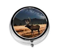 Elk in The Meadow Este pequeño pastillero redondo es un organizador portátil de medicamentos de viaje con tres compartimentos para almacenar medicamentos diarios.