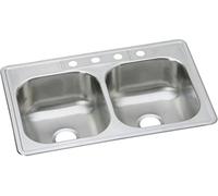 Elkay DSE233214 Dayton Elite - Fregadero de cocina de acero inoxidable de calibre 20 de 33 x 21.25 x 8.06 pulgadas, doble tazón, 4 agujeros para grifo, 33 x 21.25 x 8.0625