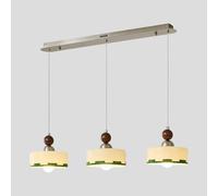 Elksdut Lámpara colgante colgante de 3 luces, pantalla de vidrio color crema con borde verde, detalle de madera de nogal, base de metal de níquel, cable de suspensión ajustable, lámpara de techo E27