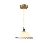 Elksdut Lámpara colgante de cristal con borde festoneado rosa, lámpara colgante estilo crema retro, montaje de latón completo, cable colgante de longitud ajustable