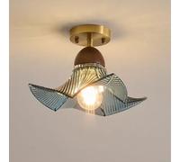 Elksdut Lámpara De Techo De Montaje Semi Empotrado Con Casquillo E27, Lámpara De Techo De Vidrio Acanalado Con Flores, Iluminación Interior De Montaje De Madera De Latón for Pasillo, Porche(Blue)