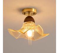 Elksdut Lámpara De Techo De Montaje Semi Empotrado Con Casquillo E27, Lámpara De Techo De Vidrio Acanalado Con Flores, Iluminación Interior De Montaje De Madera De Latón for Pasillo, Porche(Orange)