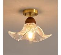 Elksdut Lámpara De Techo De Montaje Semi Empotrado Con Casquillo E27, Lámpara De Techo De Vidrio Acanalado Con Flores, Iluminación Interior De Montaje De Madera De Latón for Pasillo, Porche(Clear)