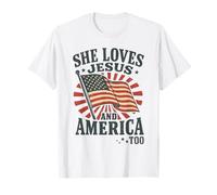 Ella ama a Jesús y a Estados Unidos demasiado, patriótico, cristiano, retro. Camiseta
