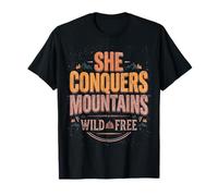 Ella Conquista montañas Tipografía de Senderismo Salvaje y Libre Camiseta