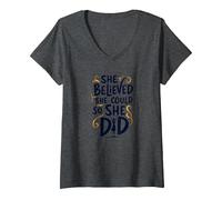 Ella creía Que podía, así Que lo Hizo de Manera inspiradora Camiseta Cuello V, Mujer, Jaspeado Oscuro, S