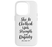 Ella está Vestida con Fuerza y dignidad versículo bíblico Carcasa para iPhone 14 Pro