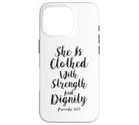 Ella está Vestida con Fuerza y dignidad versículo bíblico Carcasa para iPhone 16 Pro
