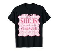 Ella está Vestida de Fuerza Femenina versículo bíblico Cristiano Camiseta