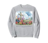 Ella está vestida de fuerza versículo bíblico cruz flores silvestres Sudadera