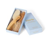 EllaOla Juego de cepillo y peine de bambú natural para bebé, juego de 3 piezas que incluye cepillo de lana de cabra de cerdas ultrasuaves, cepillo de masaje para el cabello y peine de bambú redondeado