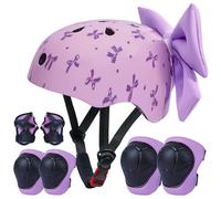 EllaS asco Infantil con Juego de Protectores para Niñas 8-14 Años, Casco Ajustable para Patinete Bicicleta y Skate, Ligero y Transpirable con Rodilleras, Coderas y Lazo Decorativo DIY