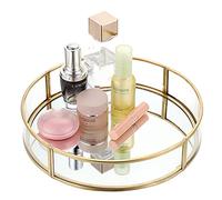 ELLDOO Bandeja de Cristal Redonda Dorada, Bandeja de joyería de Espejo, Bandeja de Perfume, Bandeja de tocador, Bandeja ornamentada, Bandeja Decorativa de Metal, Bandeja organizadora de Perfume,