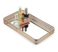 ELLDOO Bandeja de Perfume Dorada con Espejo, Bandeja de Maquillaje, Bandeja de tocador Hueca, Bandeja de joyería Tallada de Vidrio, Bandeja de Almacenamiento de baratijas, Organizador del hogar,