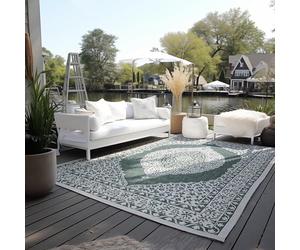 ELLE Alfombra Oriental Decorativa para Interior y Exterior, Reversible, Resistente a la Intemperie y al Agua, diseño Vintage, Alfombra Oriental para jardín, balcón, terraza, salón, Color Verde, 80 x