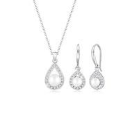 Elli Juego de joyas prémium para mujer, colgante glamuroso, elegante, con perlas de agua dulce y cristales de circonita en plata de ley 925, Corte facetado, Circonita cúbica