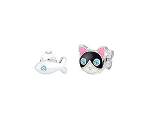 Elli Pendiente Niños Pez Gato Juguetón con Esmalte y Cristales Swarovski en Plata de Ley 925