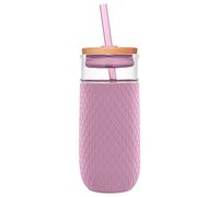 Ello Devon Vaso de vidrio con tapa de madera a prueba de salpicaduras y popote, funda protectora de silicona sin sudor, perfecto para batidos y café helado, sin BPA, apto para lavavajillas, rosa, 18