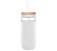 Ello Devon - Vaso de vidrio de 18 onzas con popote, tapa de madera de bambú y funda de silicona, perfecto para café helado, té y batidos, color blanco